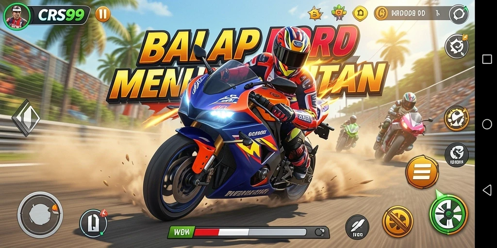 Tampilan utama gameplay CRS99 menampilkan serunya balapan motor.