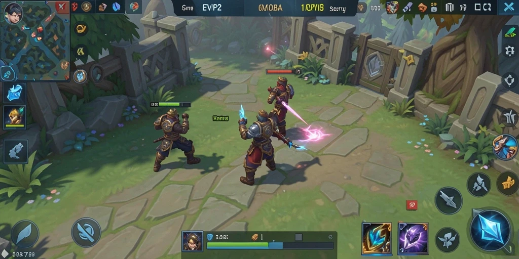 Tangkapan layar gameplay seru EVIP2 dalam pertempuran MOBA.