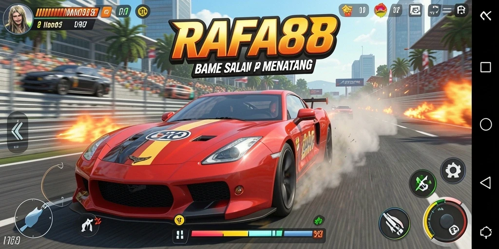Tampilan gameplay seru dengan mobil balap di lintasan menantang.