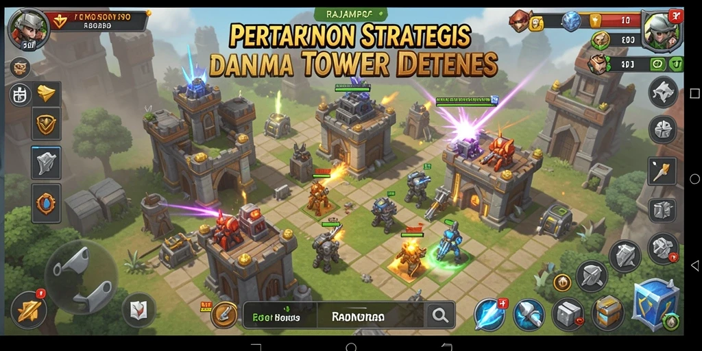 Screenshot permainan RAJAMPO menampilkan menara dan musuh dalam pertempuran.