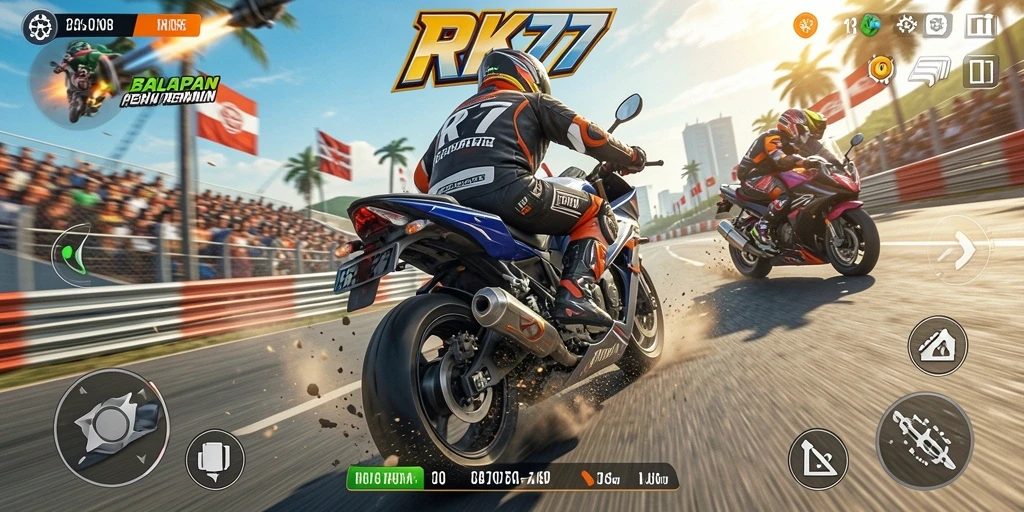 Tampilan gameplay RK77 yang menegangkan dengan motor balap.